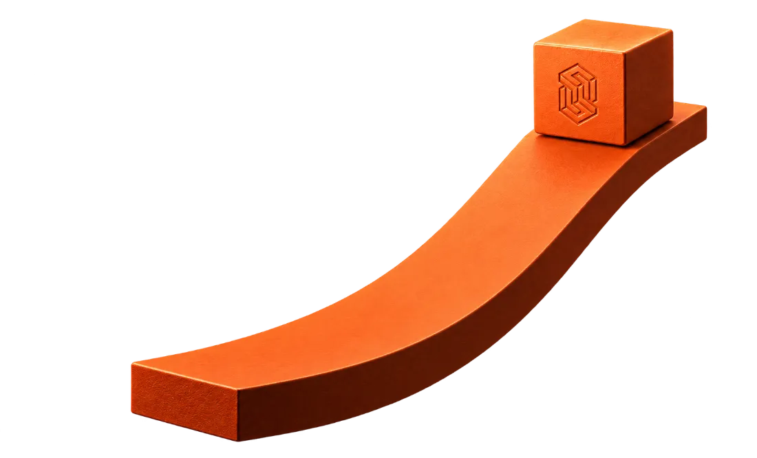 Curved orange bar with cube, brand sculpture